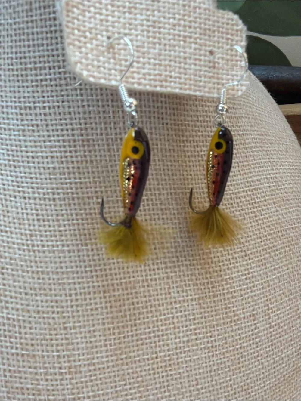 Yellow Feathered Fish Lure Earrings for Anglers - sterling silver French hooks